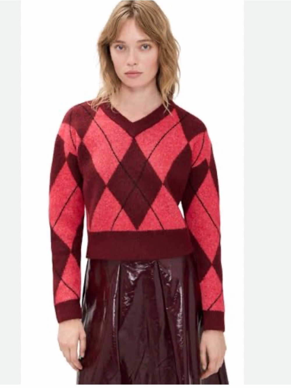 Cropped V-Neck Argyle Sweater in Pink and Burgundy